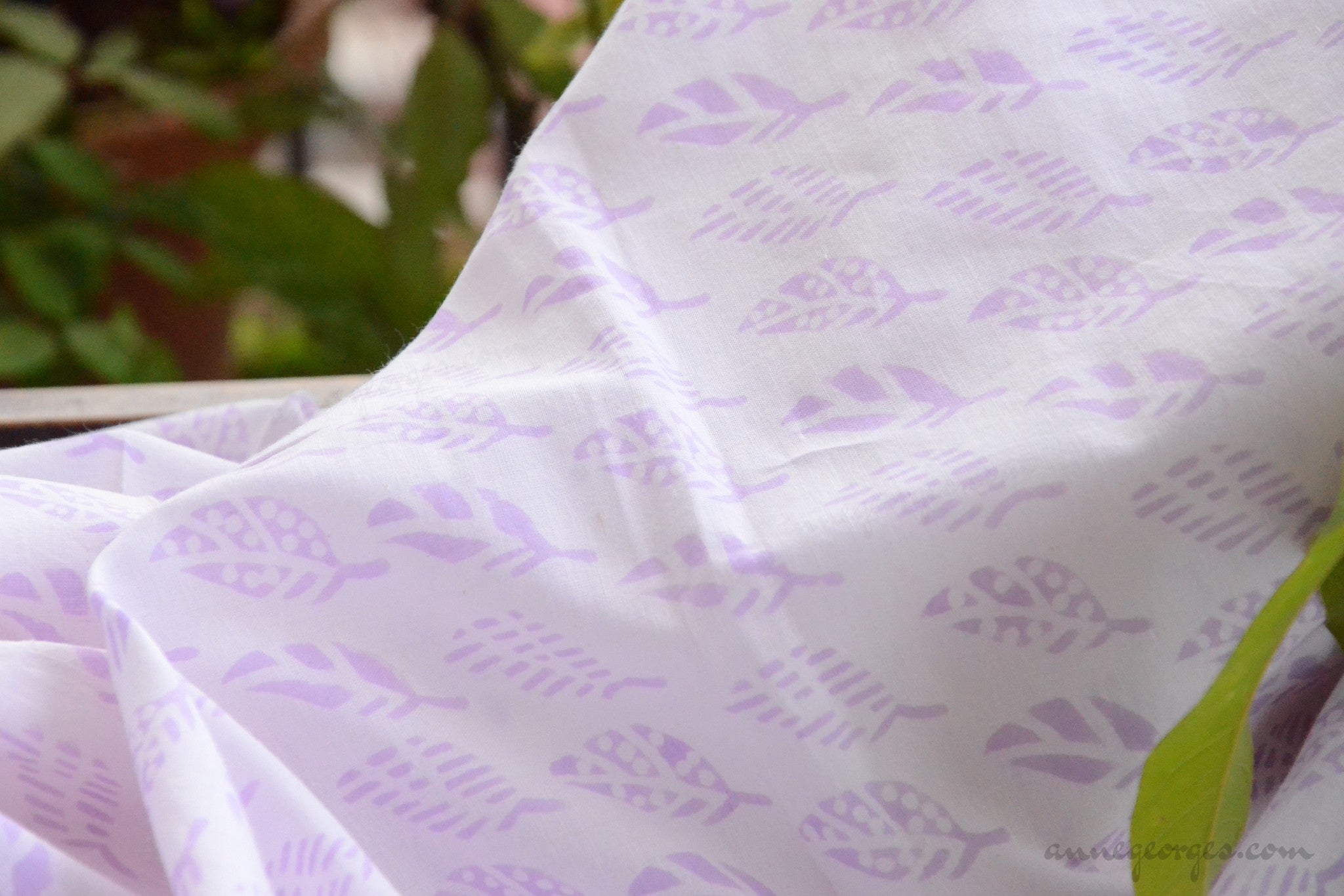 Block Printed Organic Cotton Fabric - SWEET SUMMER ( Leaves, Lavender AnneGeorges Block Printed Organic Cotton Fabric - SWEET SUMMER ( Leaves, Lavender AnneGeorges