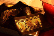 Handwoven Mulberry Silk Trim with Gold Brocade Thread. ( Temple Dancer Black Peacock )